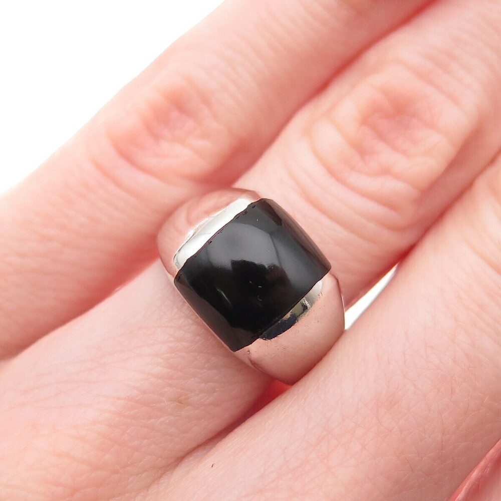 925 Sterling Silver Vintage Real Black Onyx Modernist Ring Size 6